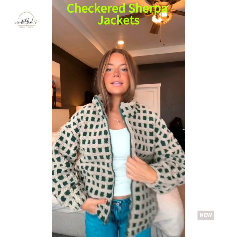 Cropped Sherpa Jacket Plaid Fleece Zip Up Casual Long Sleeve with Pockets - Picture 7 of 7